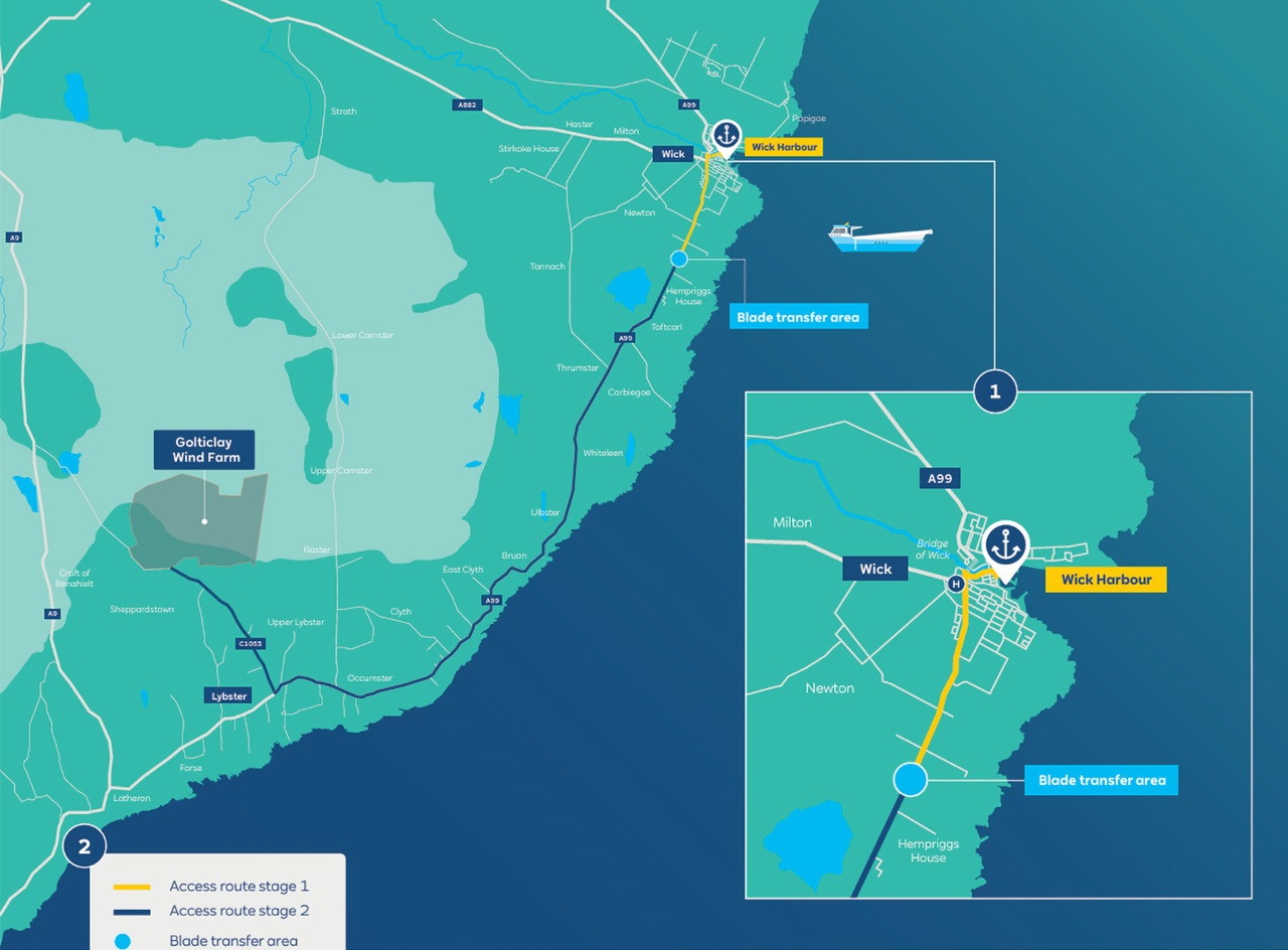 Stylized coastal map with teal land and dark blue sea, a yellow access route and blue markers, inset labeling "Wick Harbour" and "Blade transfer area".