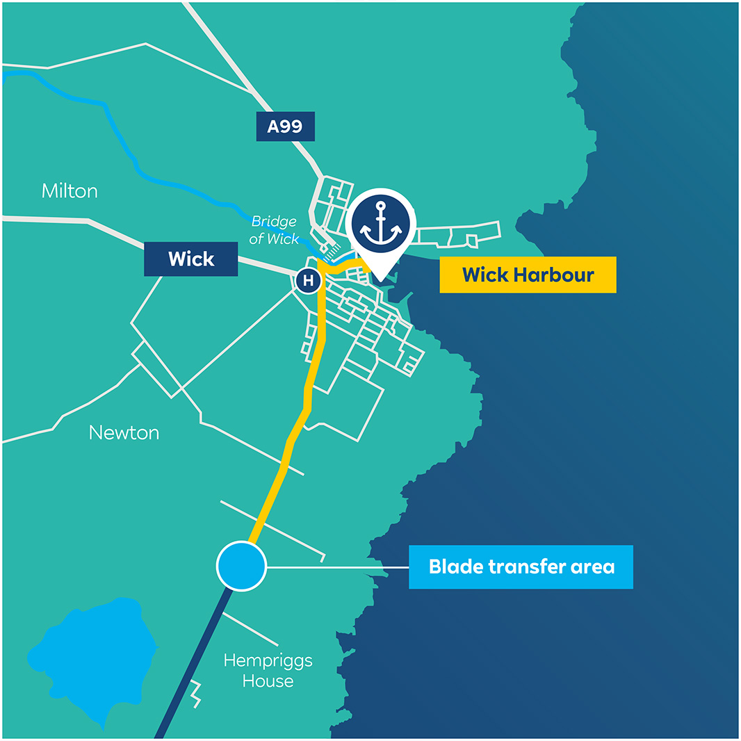 A stylized teal map of a coastline with a yellow road and anchor at "Wick Harbour" and a blue label "Blade transfer area".