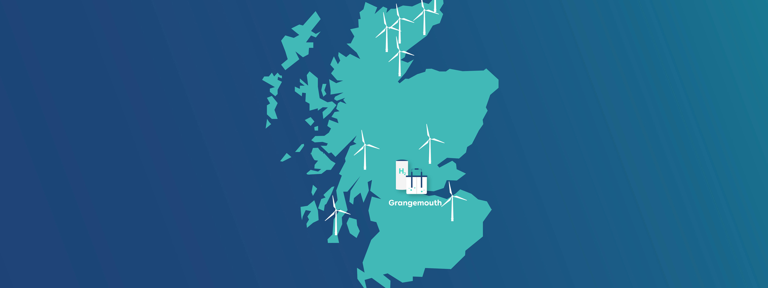 Graphic Map of Scotland featuring wind turbines and the Grangemouth location.