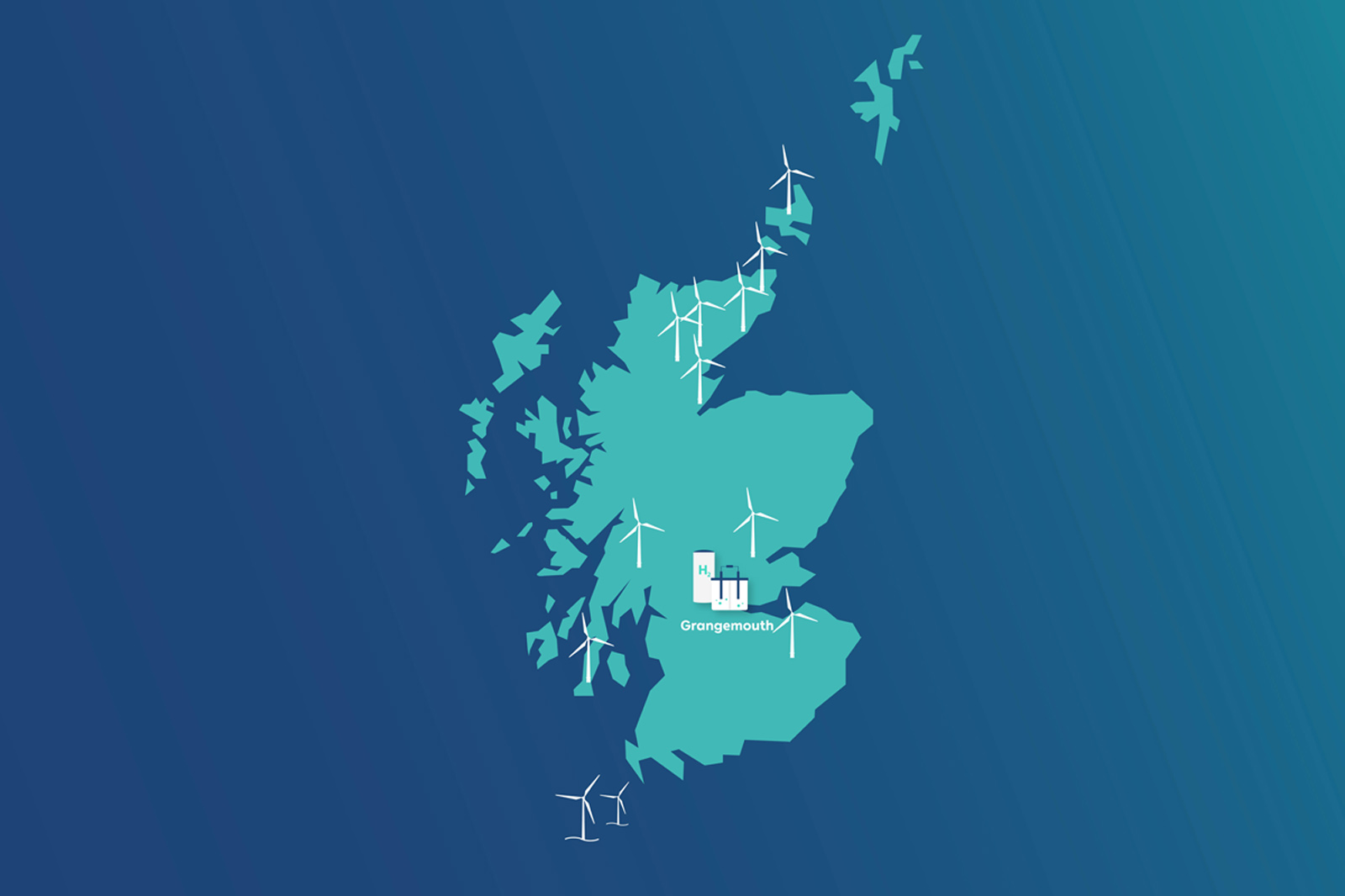 A stylised map of Scotland with wind turbines and the location of Grangemouth at the centre.