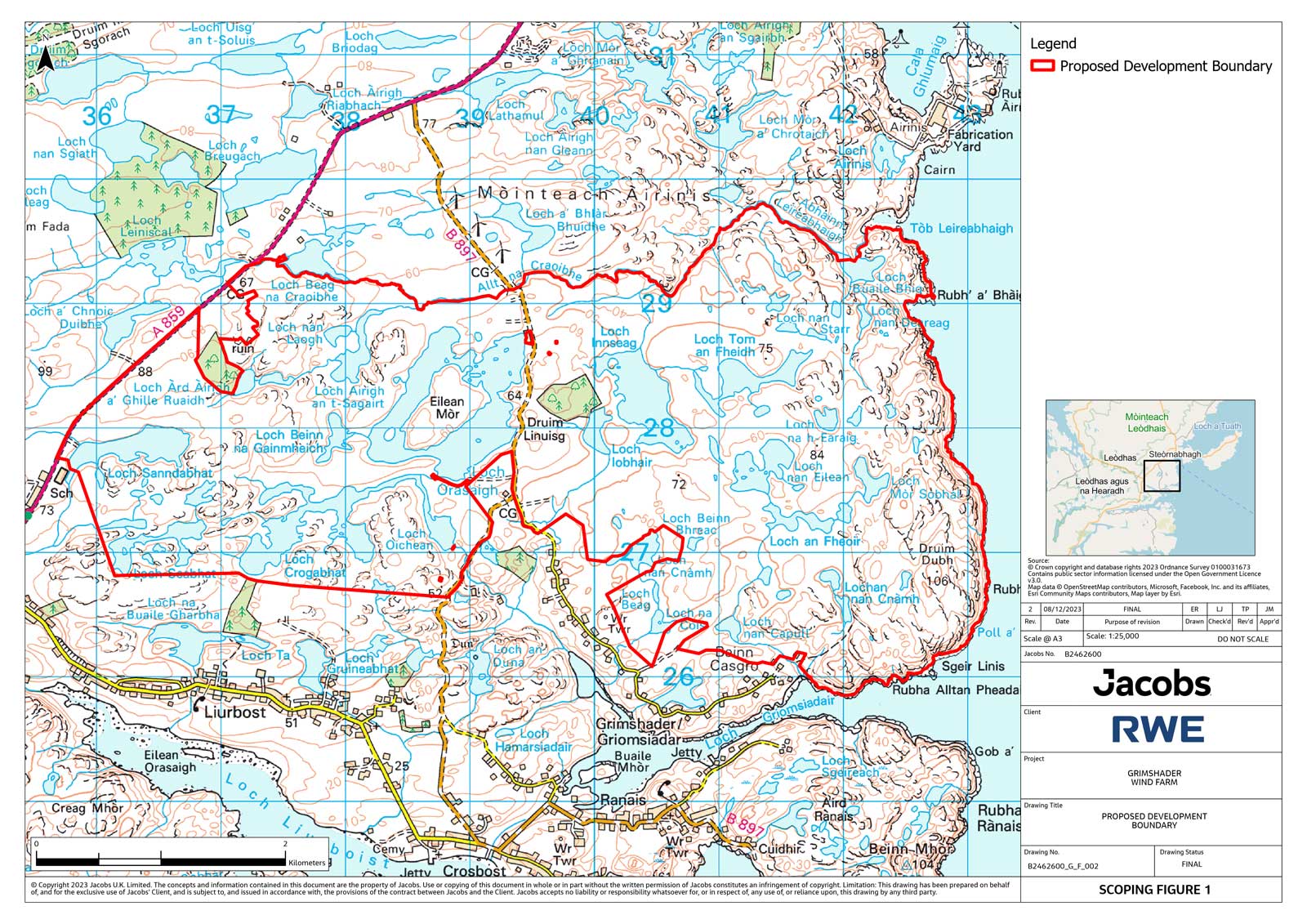 A detailed map showing the proposed development boundary for the Grimshader Wind Farm, highlighting various lochs and routes.
