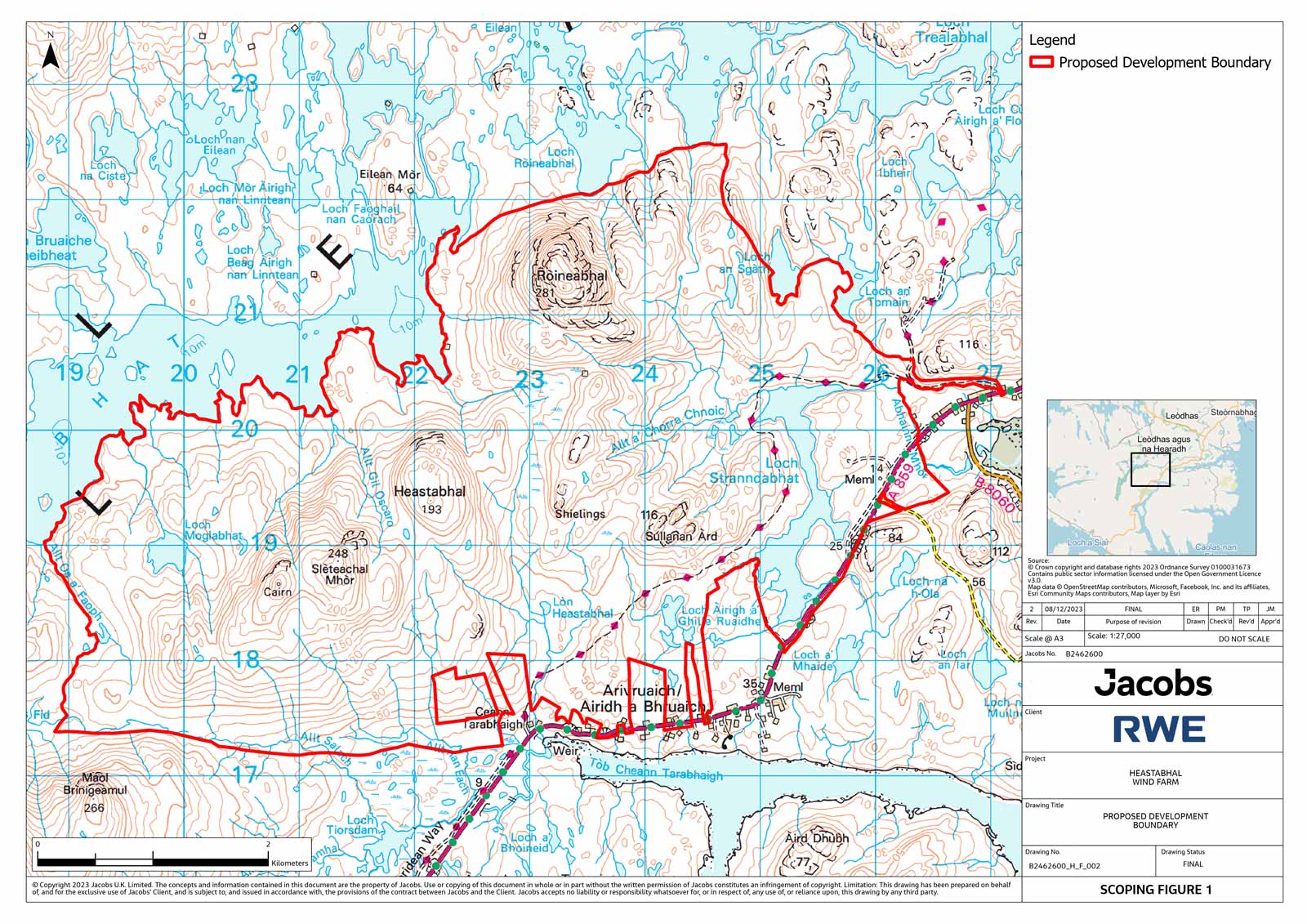 A topographic map showing the proposed development boundary for the Heastabhal Wind Farm, highlighting terrain features and water bodies.