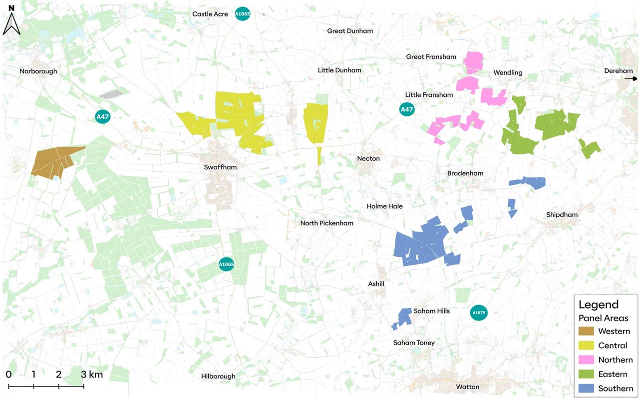 A map showing various panel areas around Swaffham, with locations labelled and different colours representing areas.
