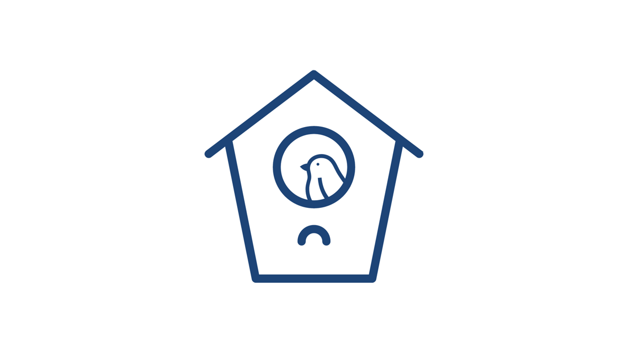 A simple blue icon of a birdhouse with a bird inside the circular opening.