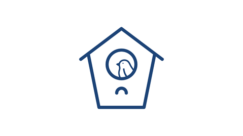 A simple blue icon of a birdhouse with a bird inside the circular opening.