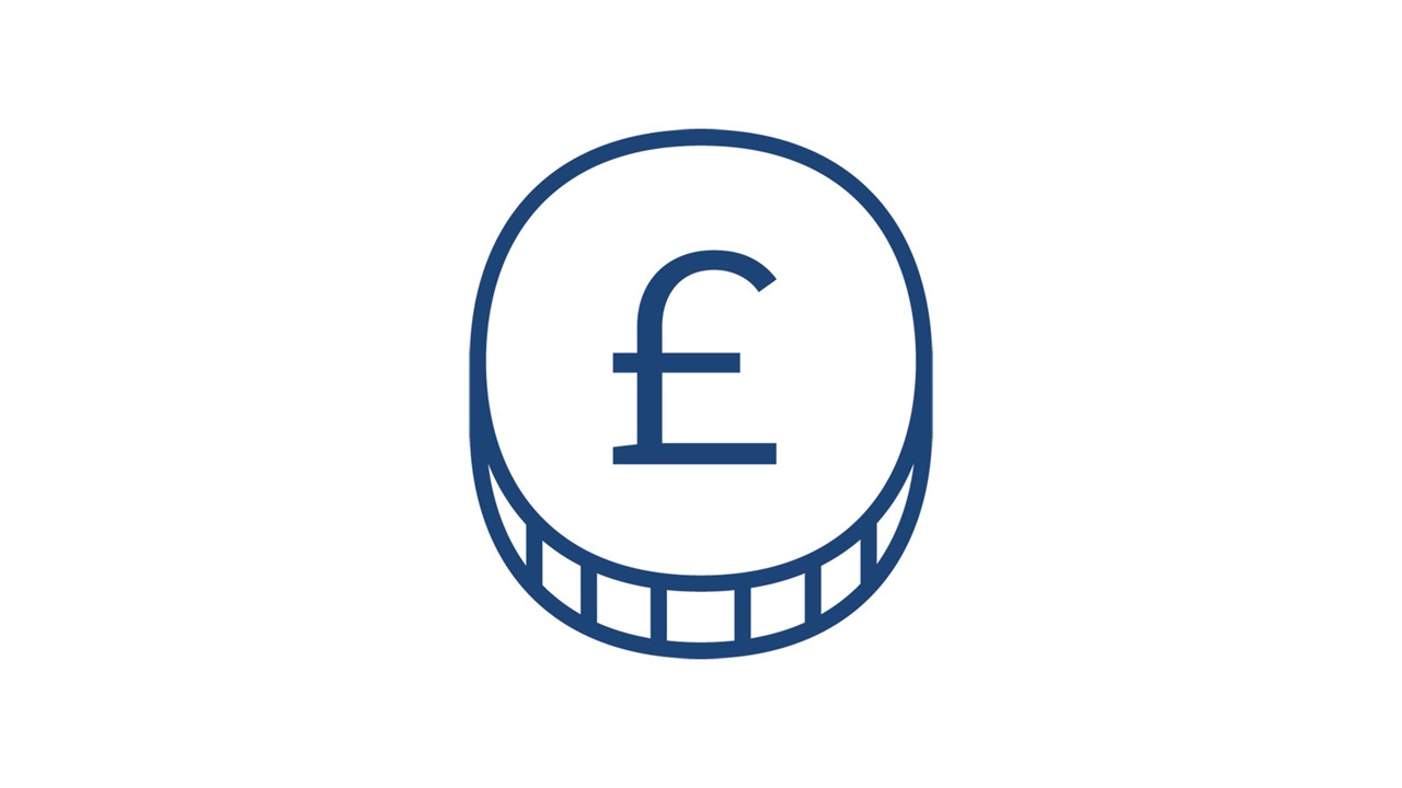 A blue-lined illustration of a coin featuring the pound sterling symbol (£) in the centre, set on a plain white background.