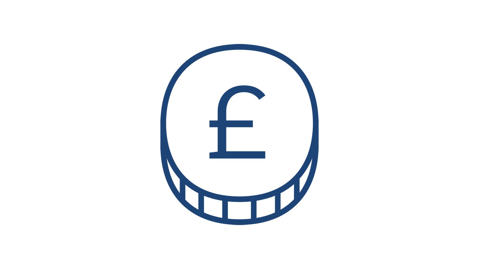 A blue-lined illustration of a coin featuring the pound sterling symbol (£) in the centre, set on a plain white background.