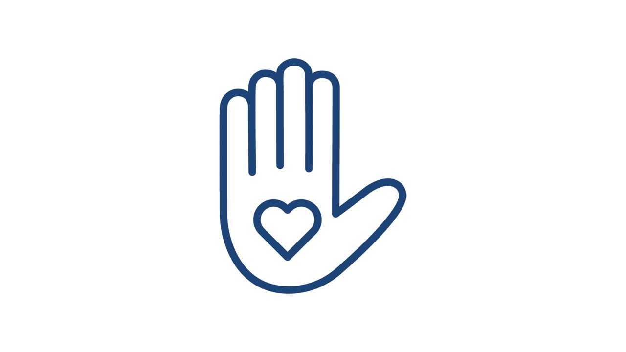 A stylised blue outline of a hand with a heart symbol on the palm, set against a white background.