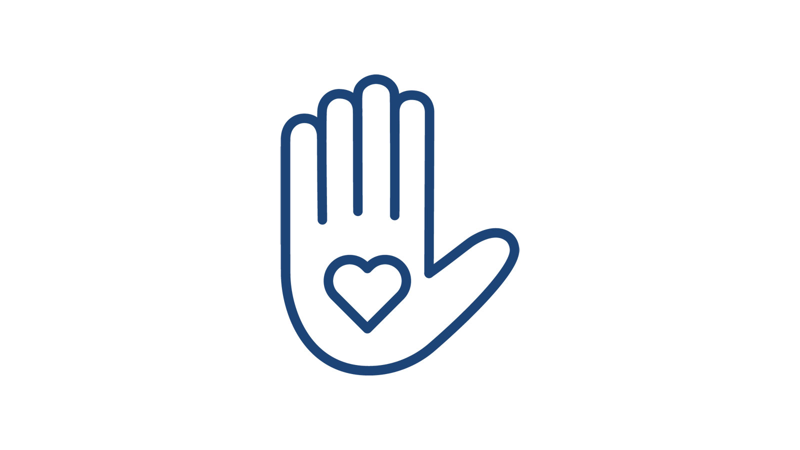 A stylised blue outline of a hand with a heart symbol on the palm, set against a white background.