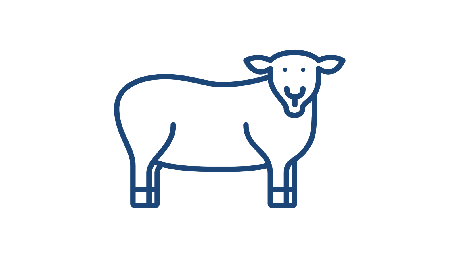 A simple line drawing of a sheep with a rounded body, four legs, and a smiling face.