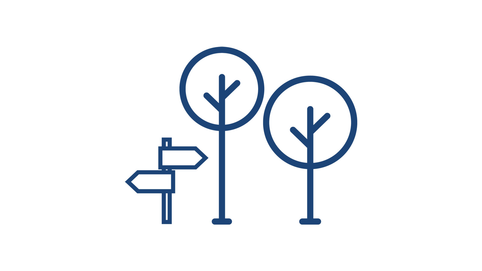Simple graphic of two stylised trees and a directional sign with arrows, set against a white background.