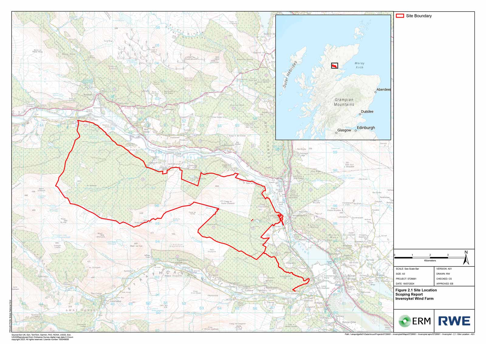 Map illustrating the site boundary of the Inverroyk Wind Farm, with topographical details and a location inset.