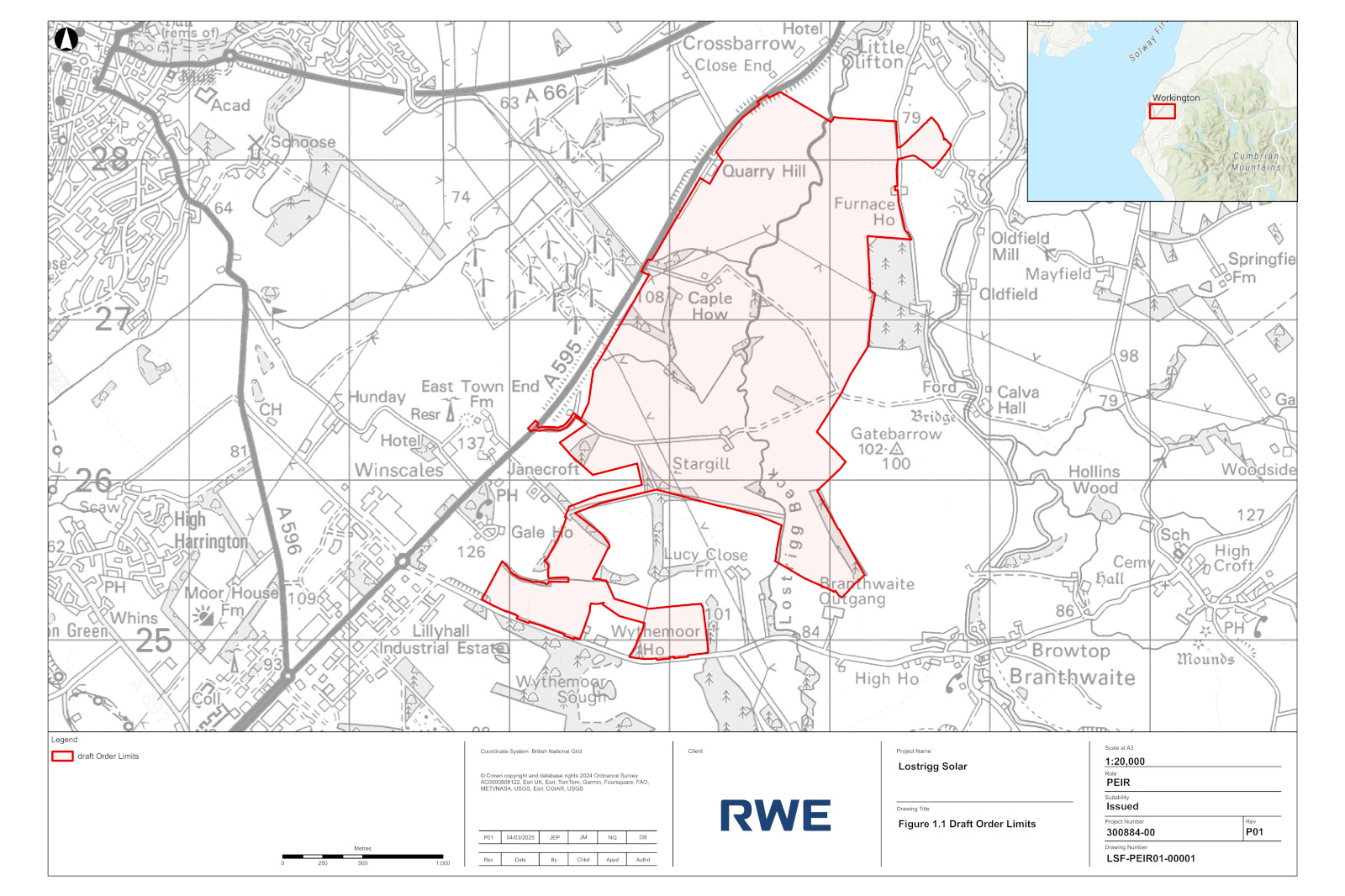 Map indicating panel areas for Lostrigg Solar project with Northern, Central, and Southern Panel Areas highlighted.