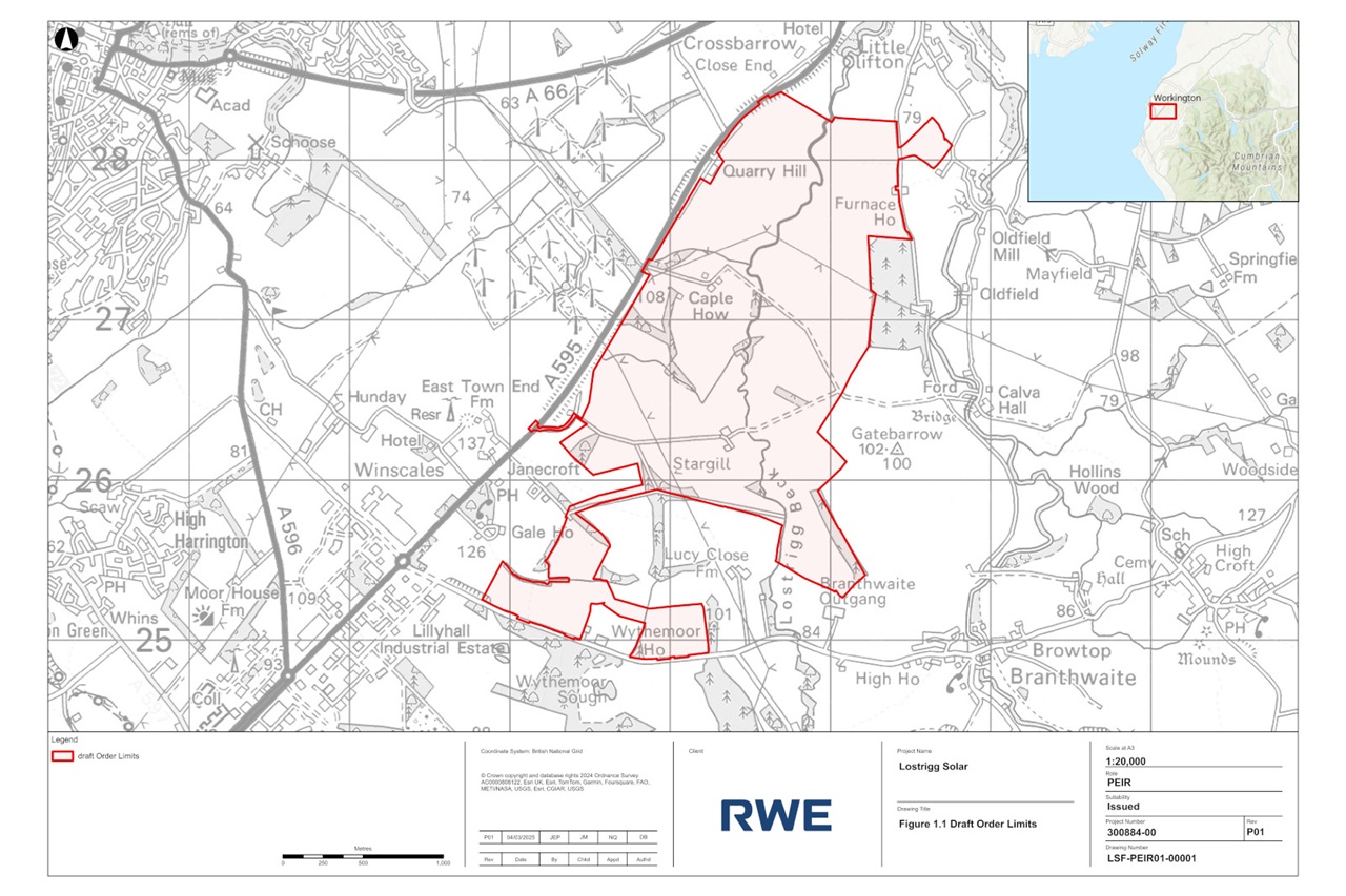 Map indicating panel areas for Lostrigg Solar project with Northern, Central, and Southern Panel Areas highlighted.
