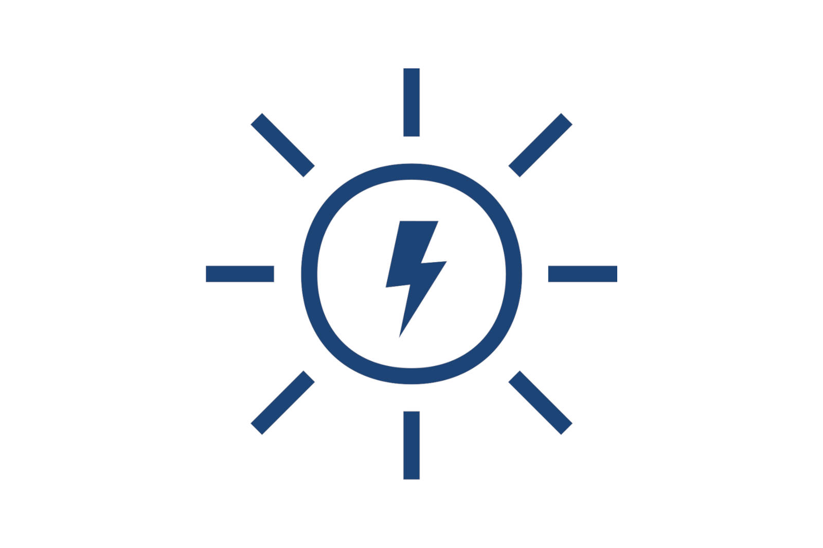 A blue sun icon with rays, featuring a lightning bolt in the centre.