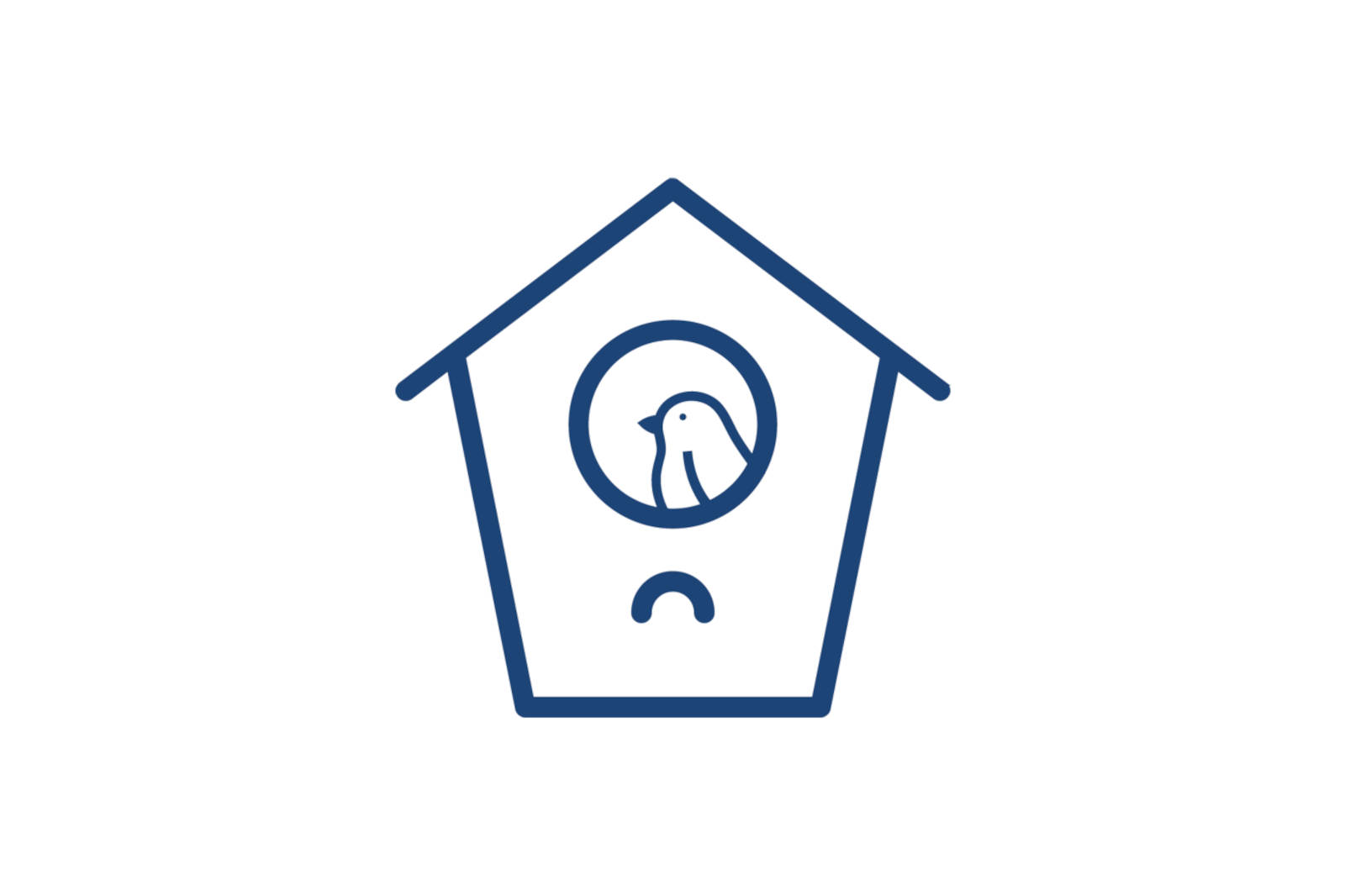 A simple blue birdhouse icon featuring a bird inside a circular opening.