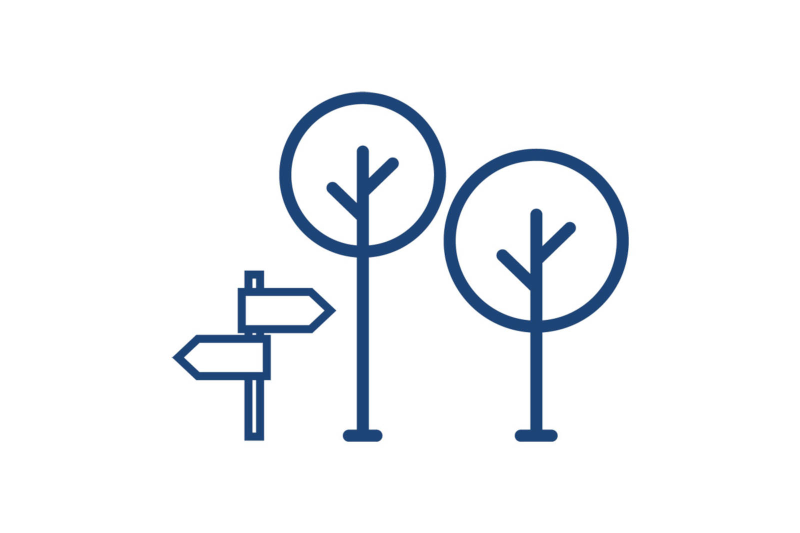 An illustration of two trees and signposts pointing in different directions.