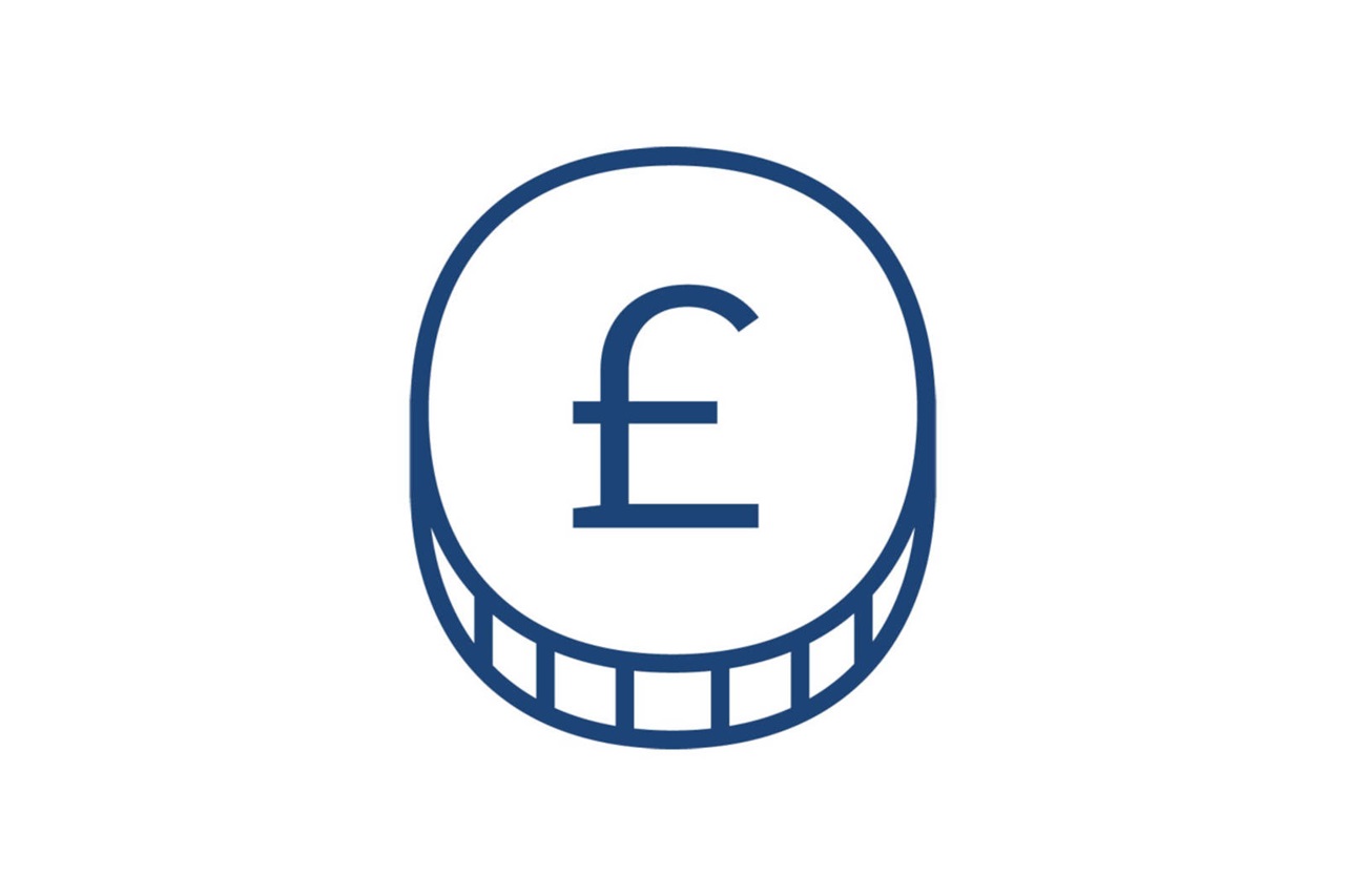 A blue outline illustration of a coin featuring the British pound symbol in the centre.