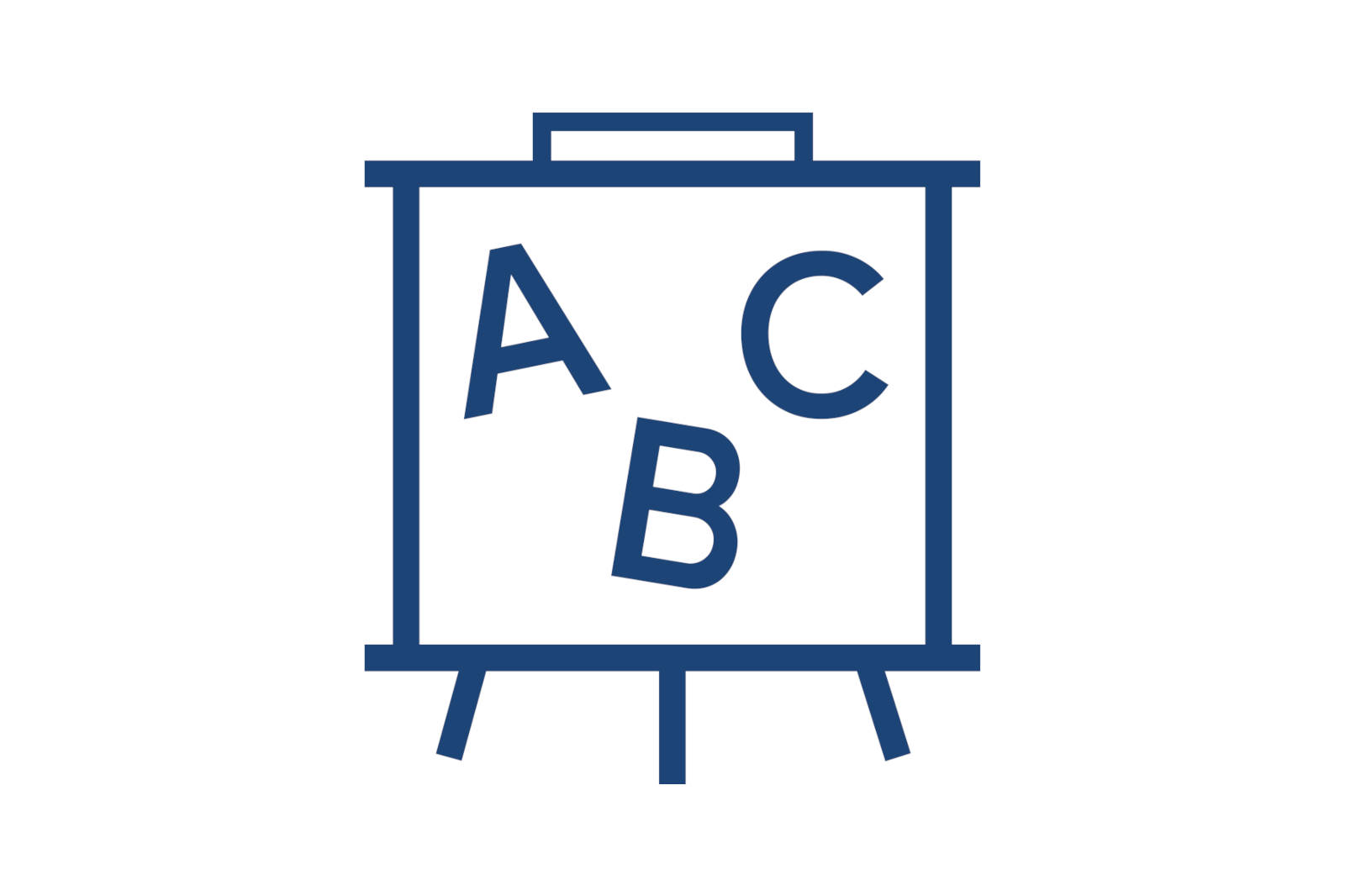A graphic detailing a navy bluepresentation board displaying the letters A, B, and C.