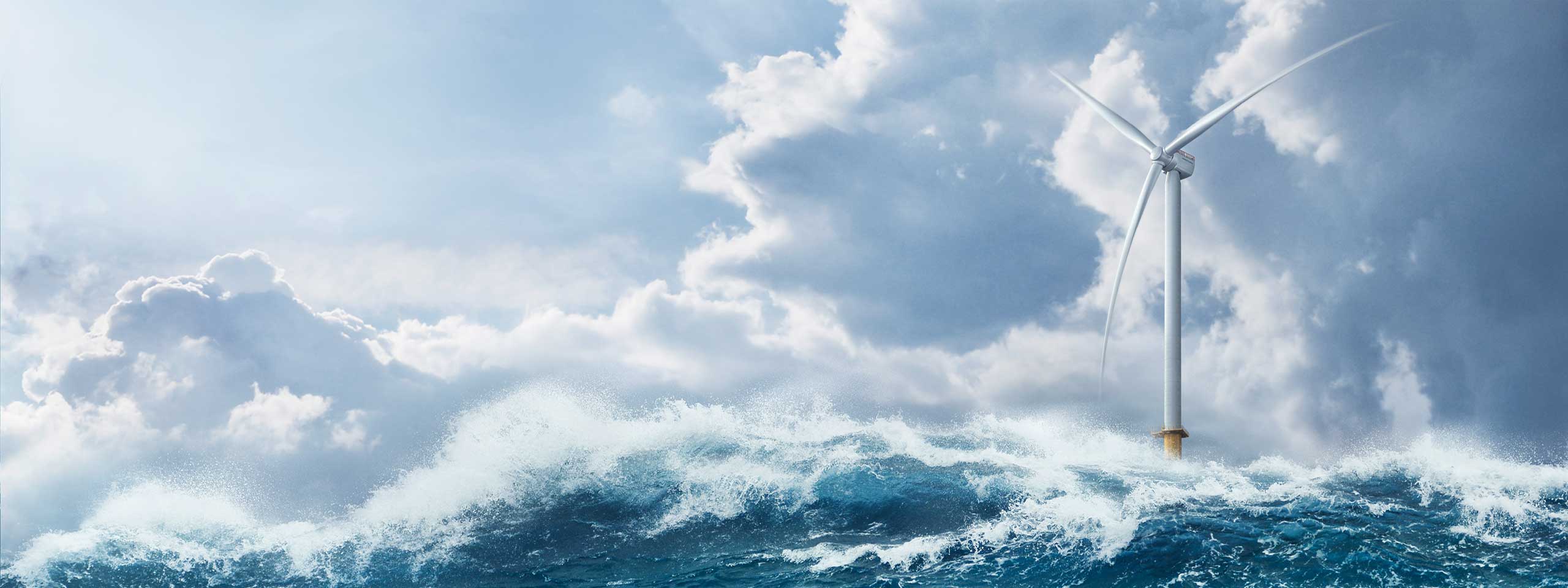 A wind turbine stands amidst towering waves under a cloudy sky, symbolising renewable energy and nature's power.