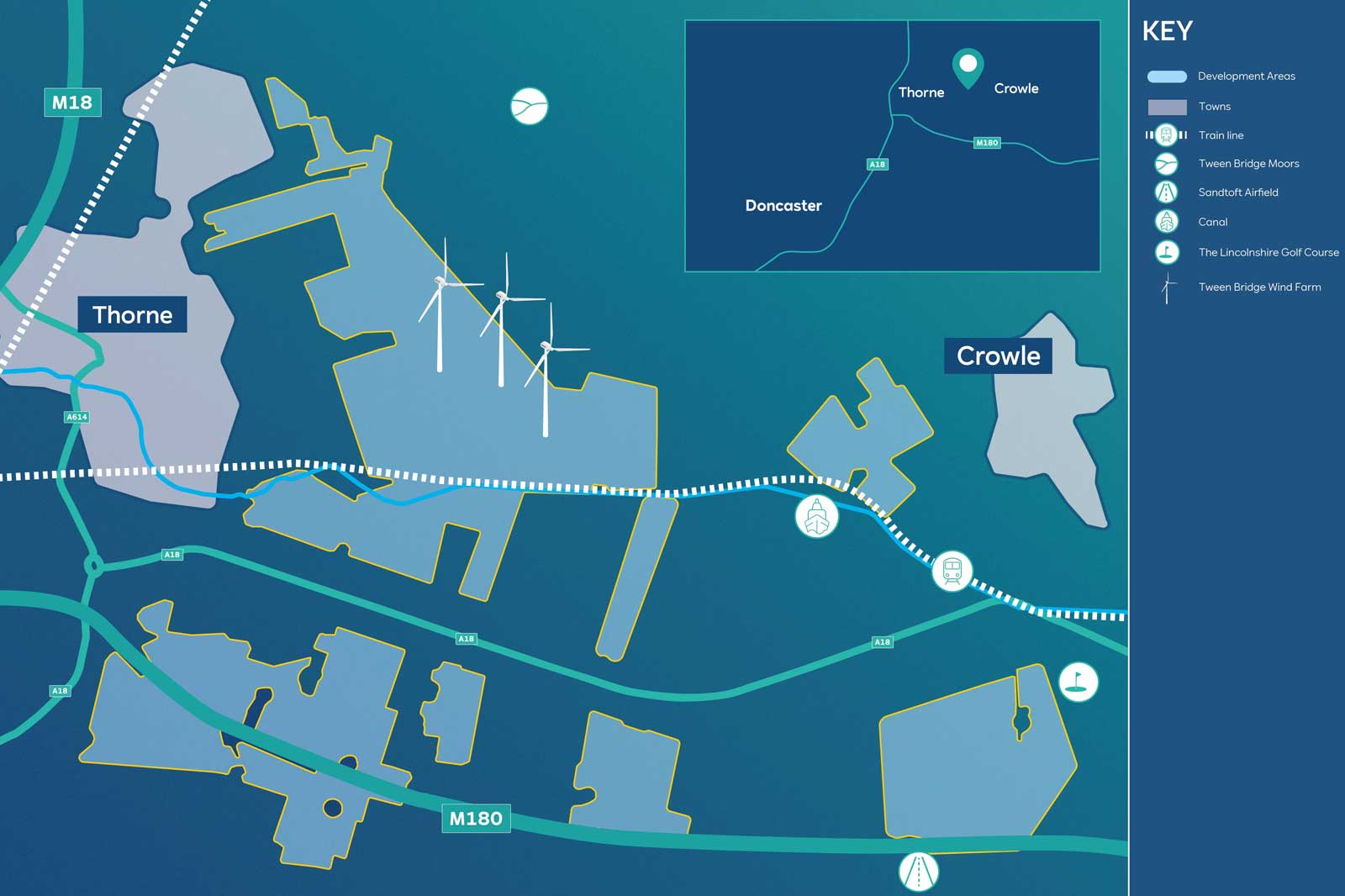 Map showing development areas in Thorne and Crowle, with nearby roads and wind farms illustrated.