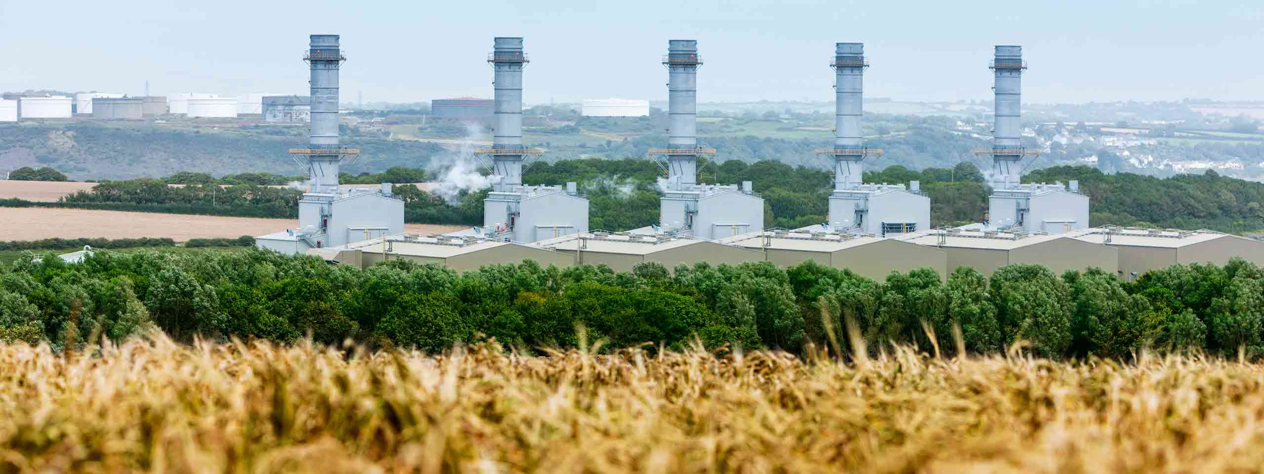 A power plant with five tall smokestacks is seen behind a field of golden crops and green trees in the foreground.