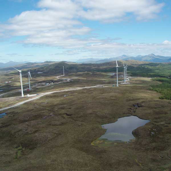 Aerial view of a landscape with wind turbines, a winding road, and a small lake surrounded by green hills and blue skies.