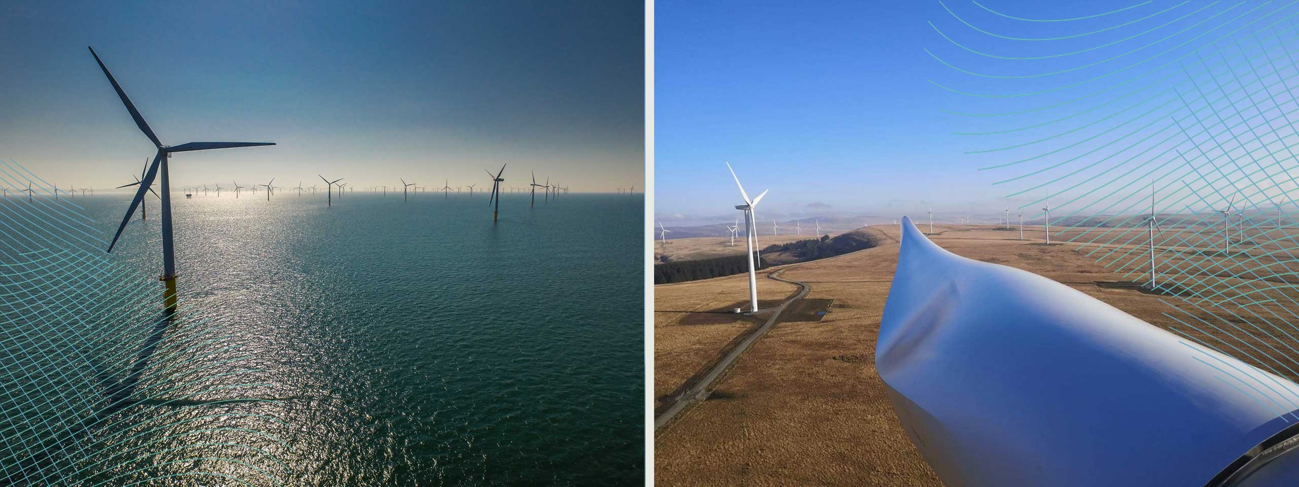 Two photographs showing wind turbines at sea and on land, with blue sky and water reflections, highlighting renewable energy.