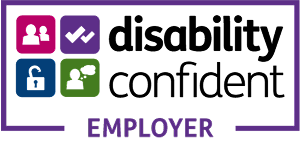 A graphic displaying disability confident logo - four icons related to employment, with the word 'EMPLOYER' prominently featured below.