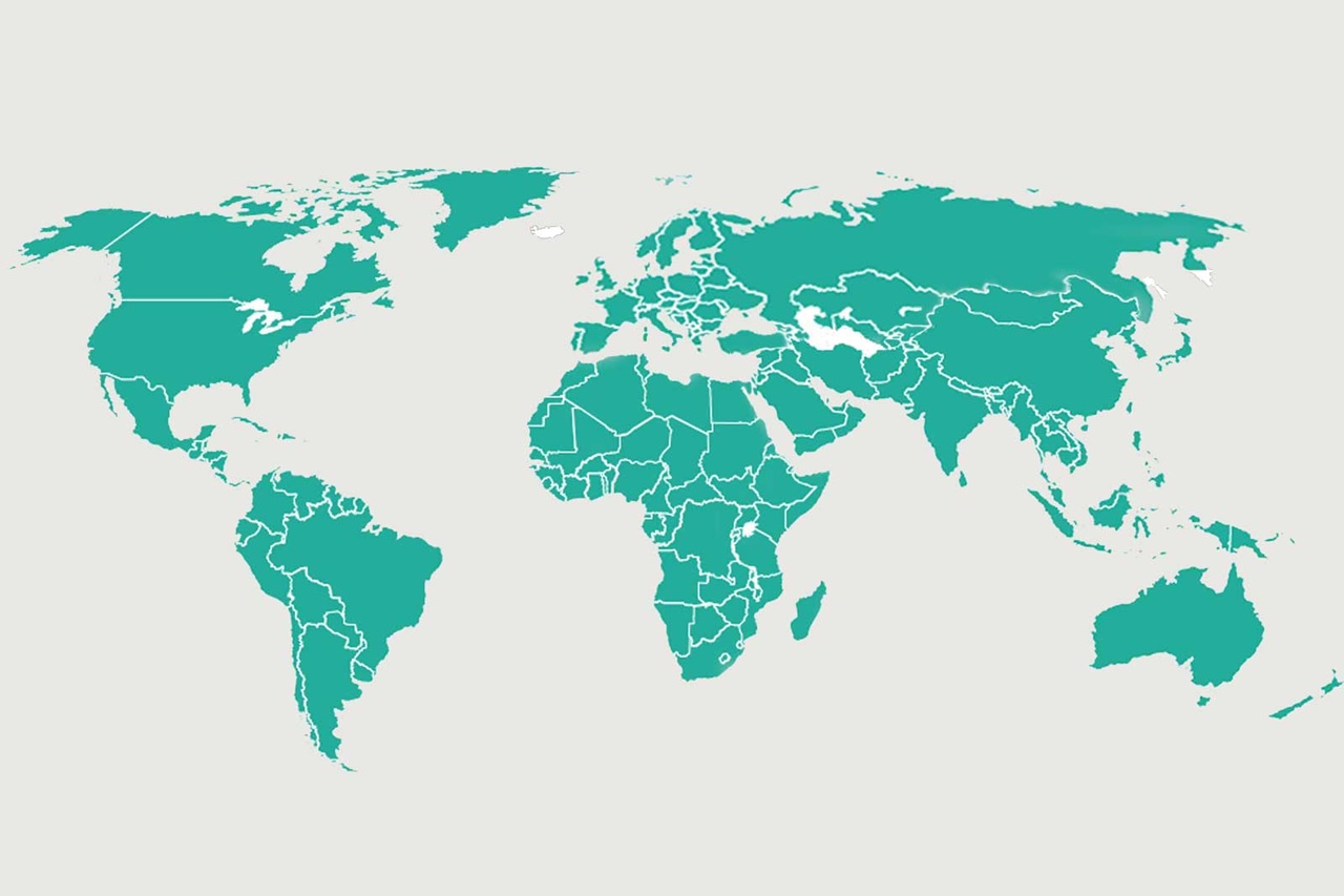 A turquoise world map showing continent outlines with a light background.