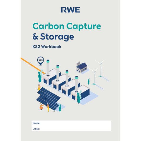 RWE Carbon Capture and Storage KS2 Workbook cover with industrial buildings, solar panels, and wind turbines.