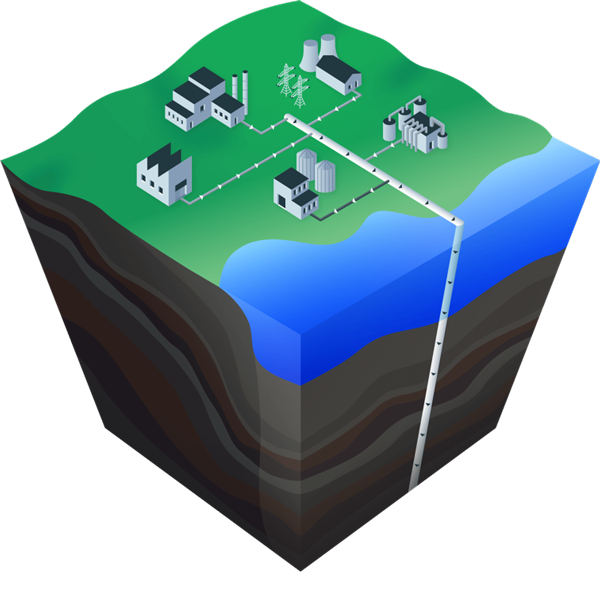 An isometric illustration of land, water, and infrastructure, showcasing factories and a pipeline beneath the surface.