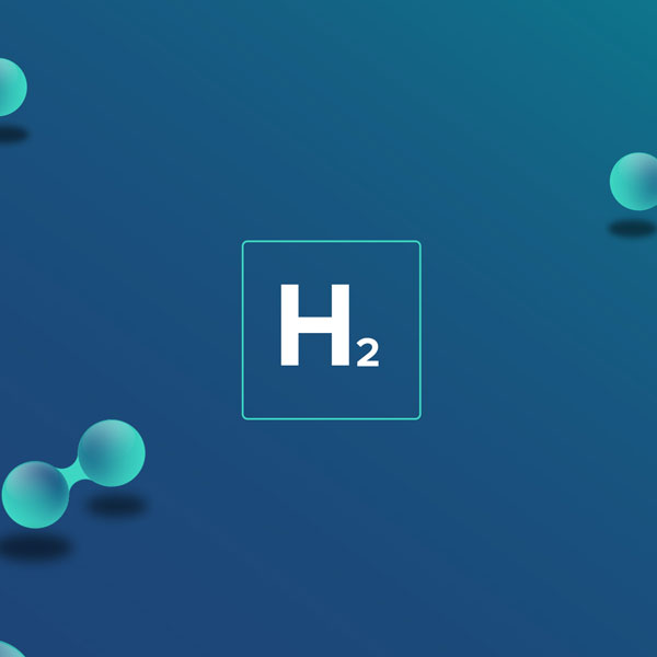 A graphic depicting the chemical symbol for hydrogen, H2, surrounded by molecular structures on a blue background.