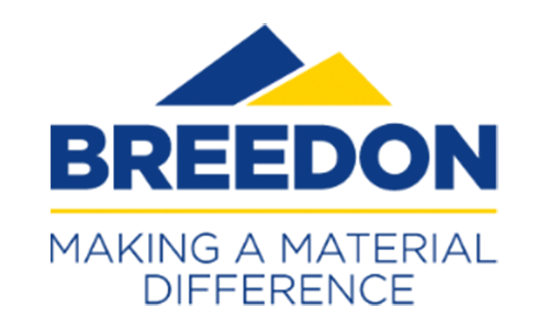 Bold blue "BREEDON" logo topped by two overlapping dark blue and yellow triangular shapes, a thin yellow line, and the slogan "MAKING A MATERIAL DIFFERENCE".