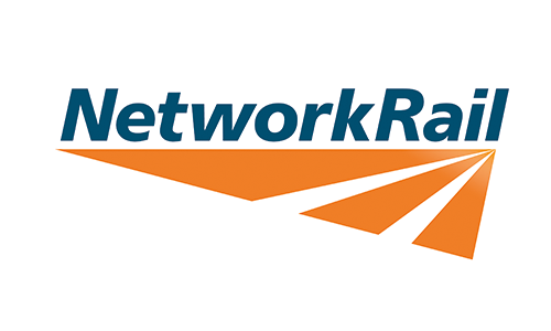 The dark teal word "NetworkRail" sits above an orange stylized set of converging triangular stripes resembling railway tracks on a white background.