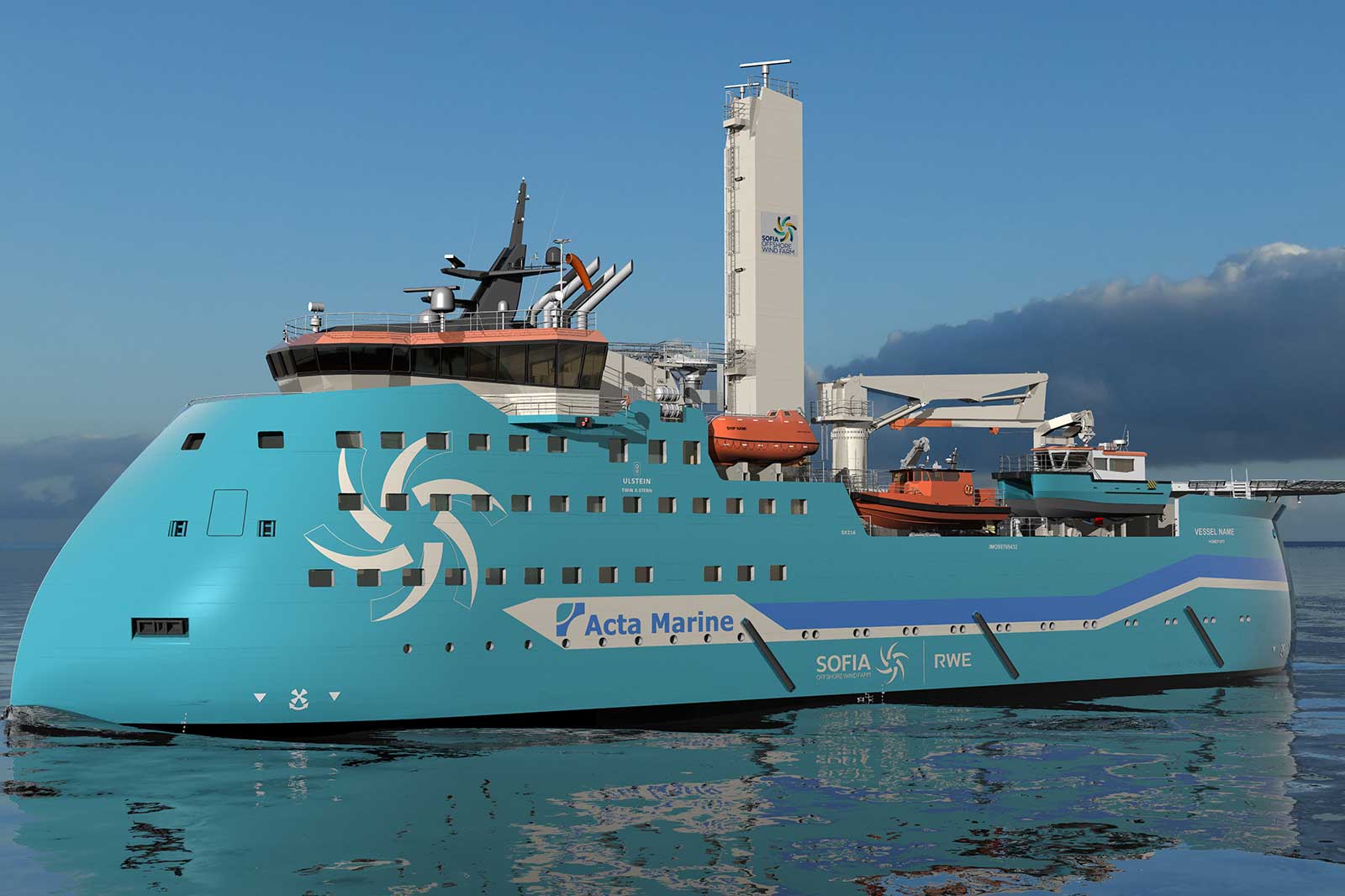 A blue-coloured offshore vessel named 'Acta Marine', featuring modern design elements and various equipment on deck.