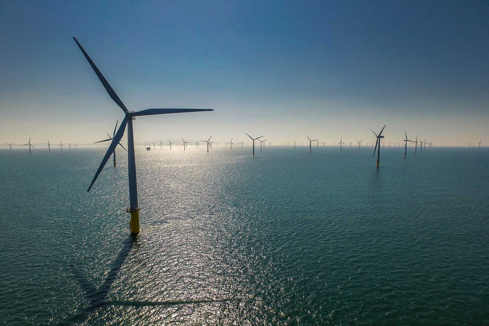A view of offshore wind turbines standing in calm water, with sunlight and a clear sky in the background.