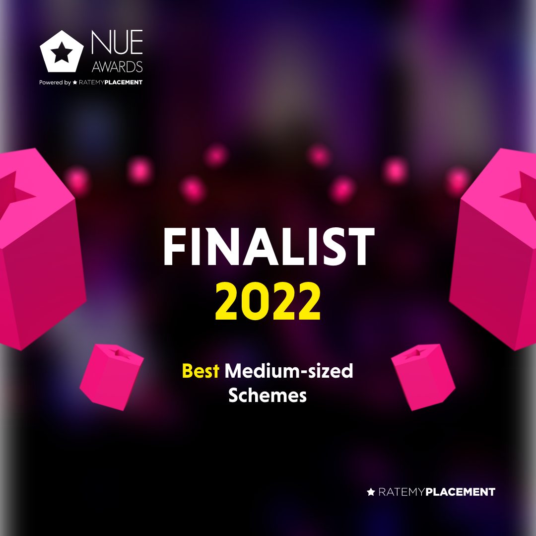 The image features the NUE Awards 2022 with the title 'Finalist Best Medium-sized Schemes' and pink cubes.