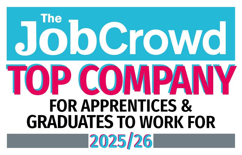 The image displays the JobCrowd logo with the title 'Top Company for Apprentices & Graduates to Work For 2025/26'.