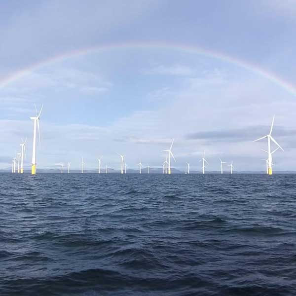 A scenic view of offshore wind turbines under a rainbow, with gentle waves in the foreground and cloudy skies in the background.