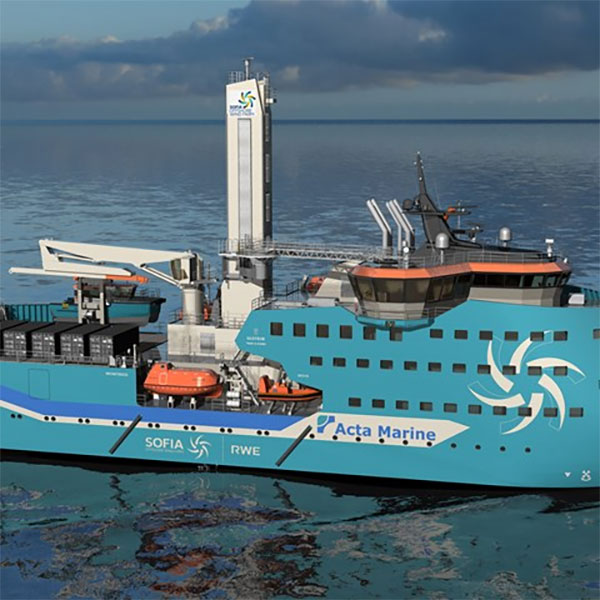 A large offshore support vessel named Acta Marine, equipped with modern technology, floating on calm waters.