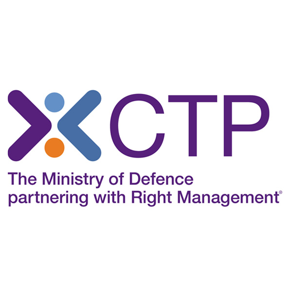 Logo of CTP, featuring vibrant colours and the text 'The Ministry of Defence partnering with Right Management.